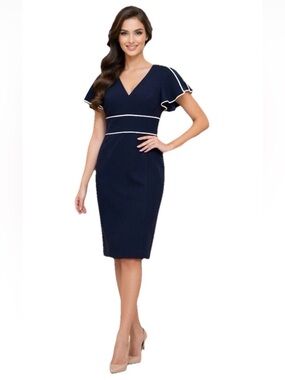 Tommy Hilfiger Navy Midi Sheath Dress with White Trim